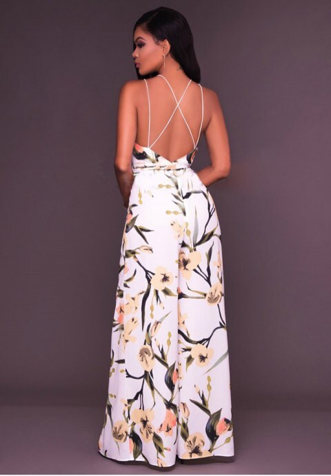 Bloom Allure: Floral Slit-Leg Jumpsuit with Strappy Back