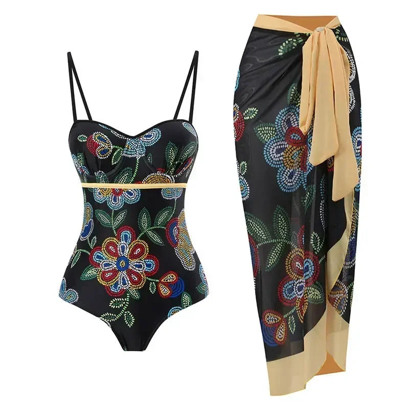 One Piece Swimsuit Bikini With Skirt Swimwear Summer Women Bowknot Cover Up