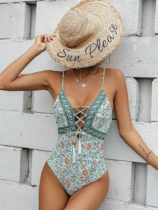 Vintage Print Swimsuit One Piece Tassel Bandage Monokini