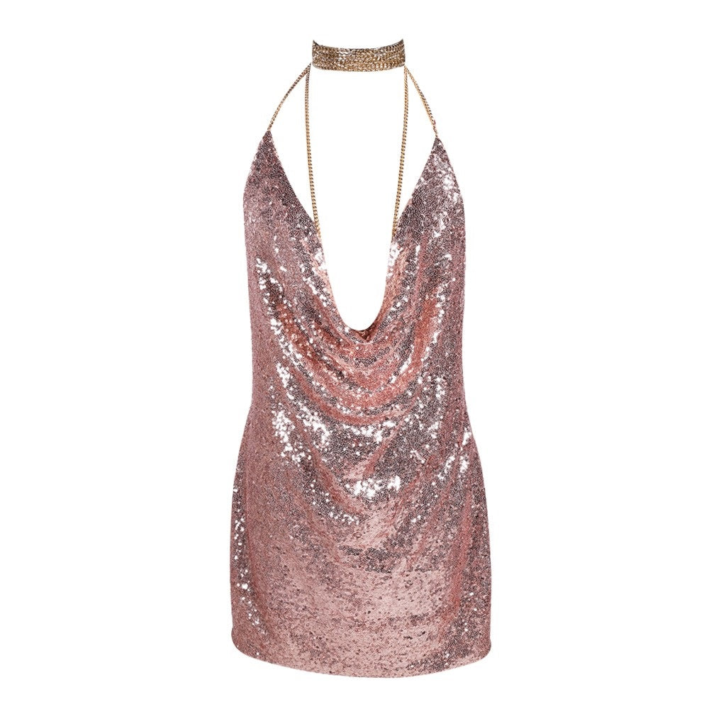 Starlit Allure: Halter Sequin Mini Party Dress