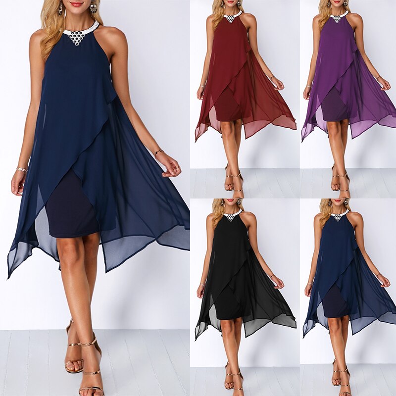 Black Cocktail Dress Summer Round Neck Fashion Chiffon Sleeveless Dress