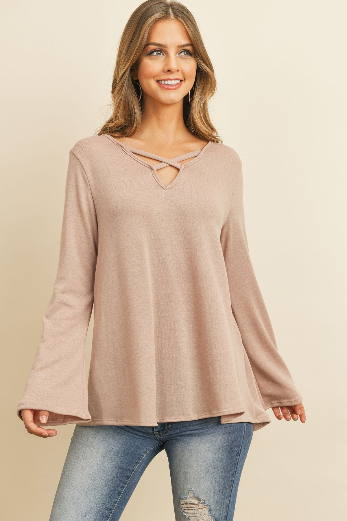 Criss-Cross Neck Long Sleeve Hacci Top – Chic & Versatile