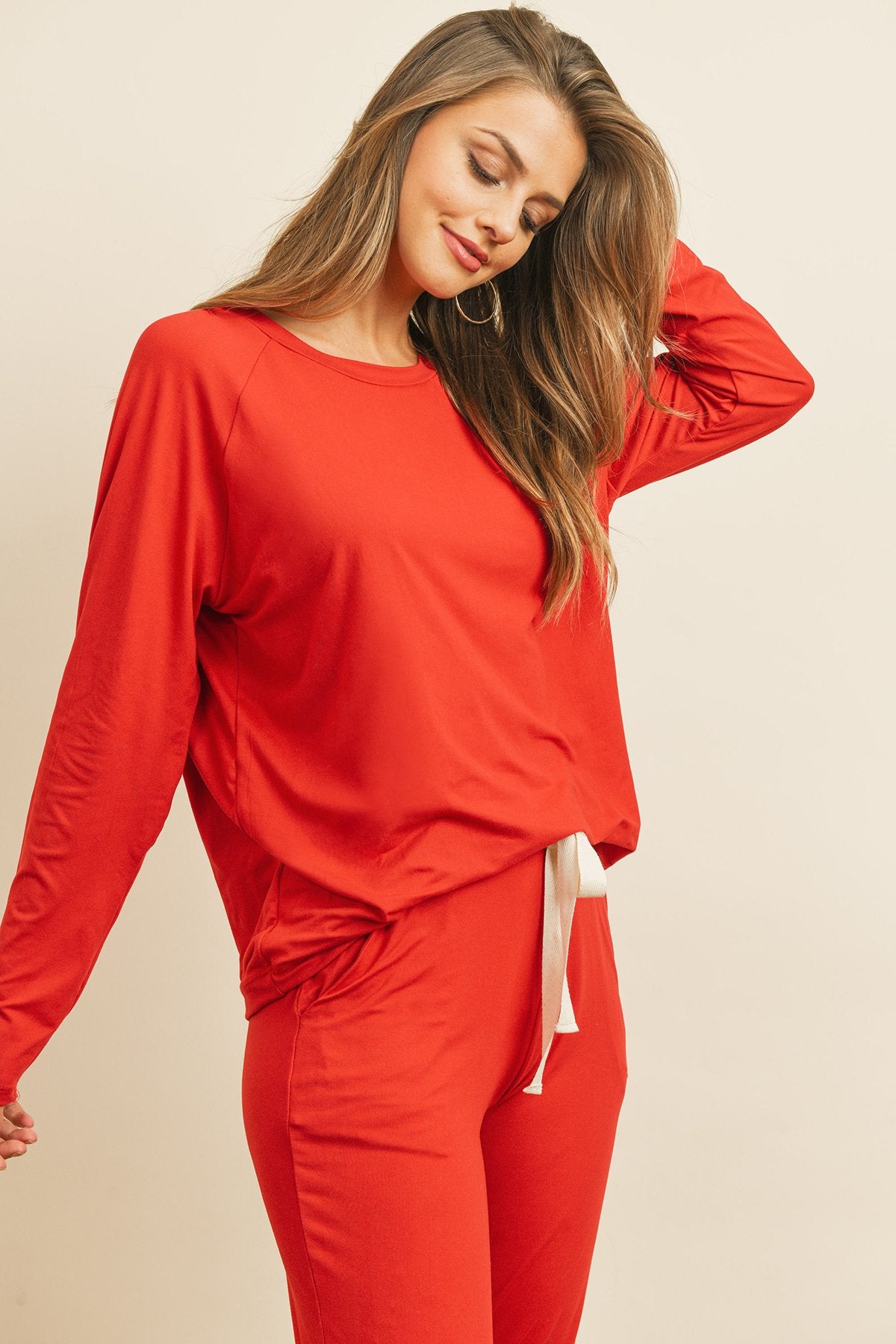 Cozy Solid Brushed Top and Jogger Set with Self-Tie