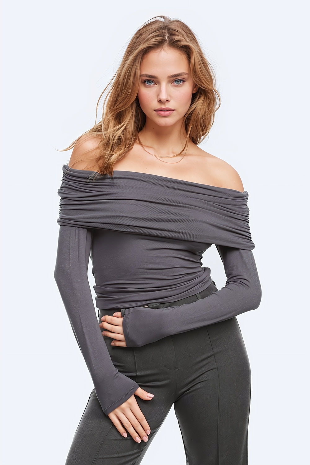 Romantic Bodycon Off Shoulder Top in Grey