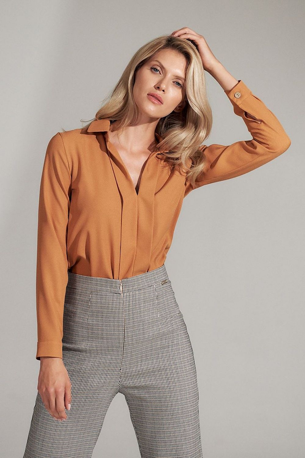Sophisticated Brown Blouse with Pleated Detail by Figl - Model 150431