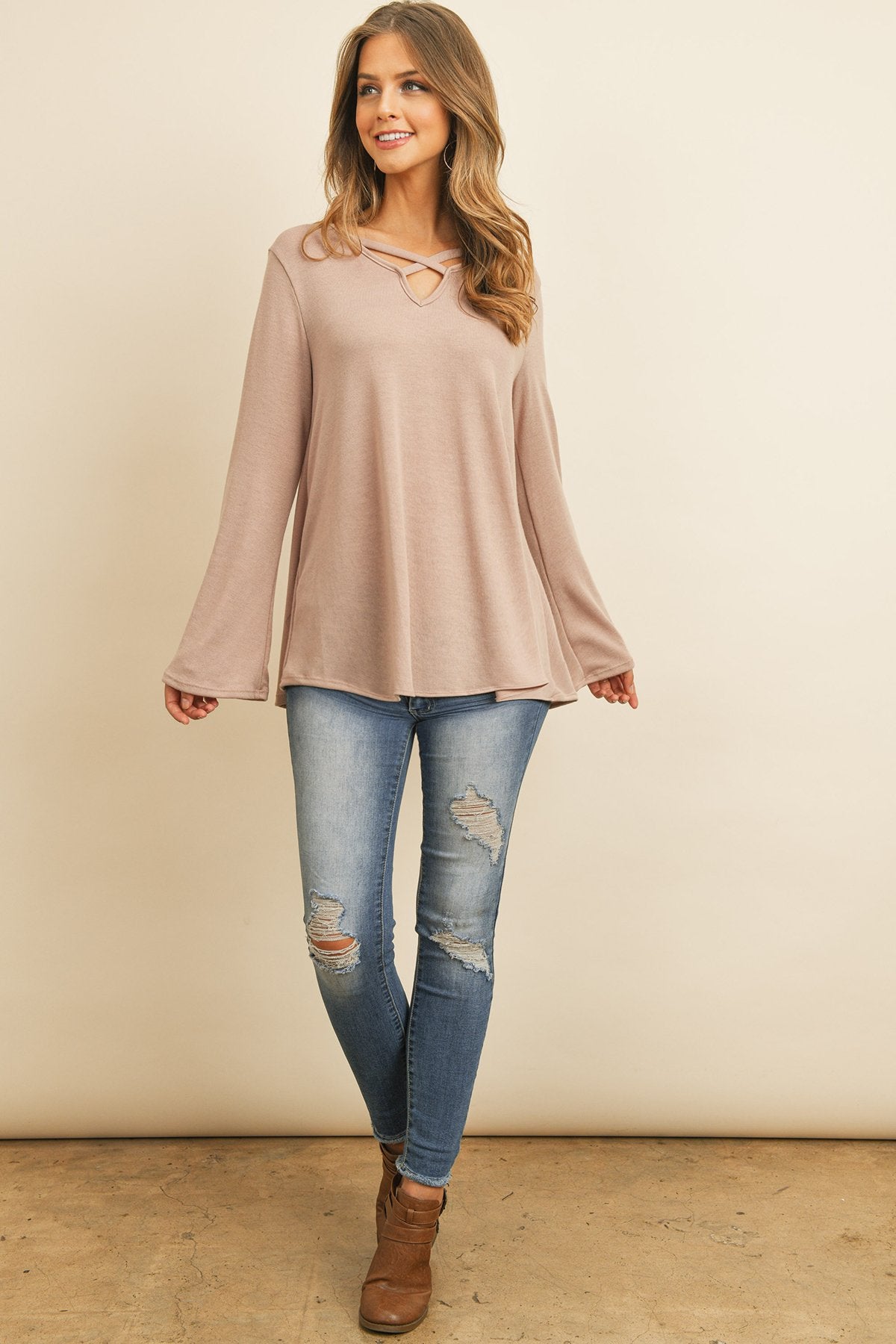 Criss-Cross Neck Long Sleeve Hacci Top – Chic & Versatile