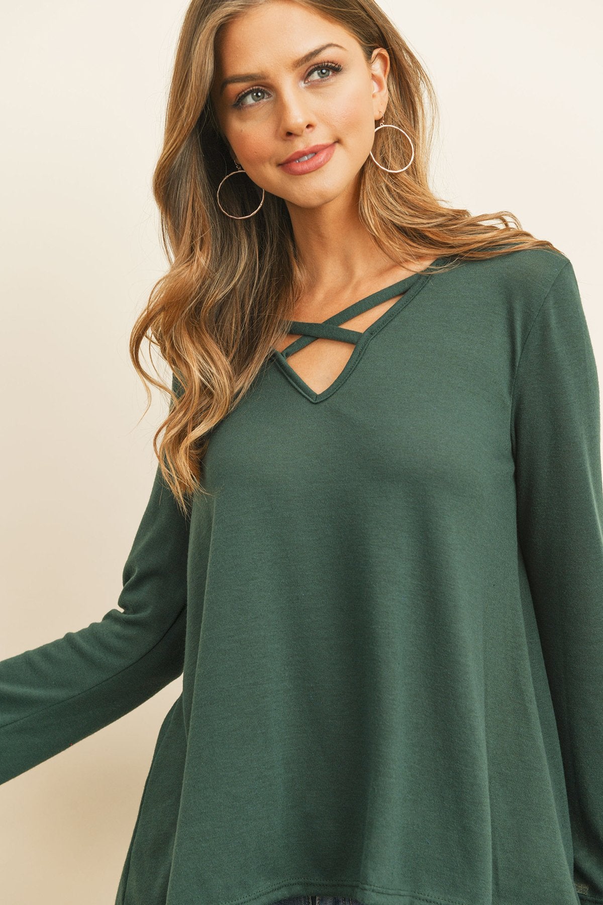 Criss-Cross Neck Long Sleeve Hacci Top – Chic & Versatile