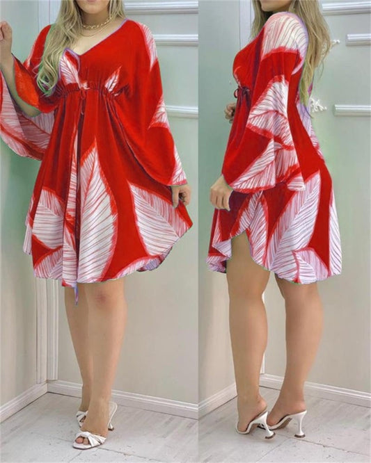Leaf Print V-Neck Midi Dress