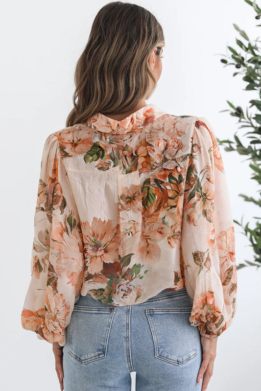 Orange Floral Puff Sleeve Lightweight Shirt