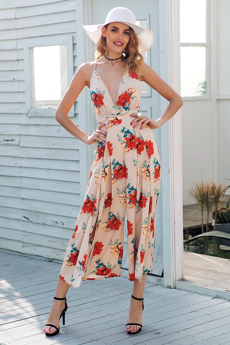 Desert Muse: V-Neck Backless Bohemian Jumpsuit