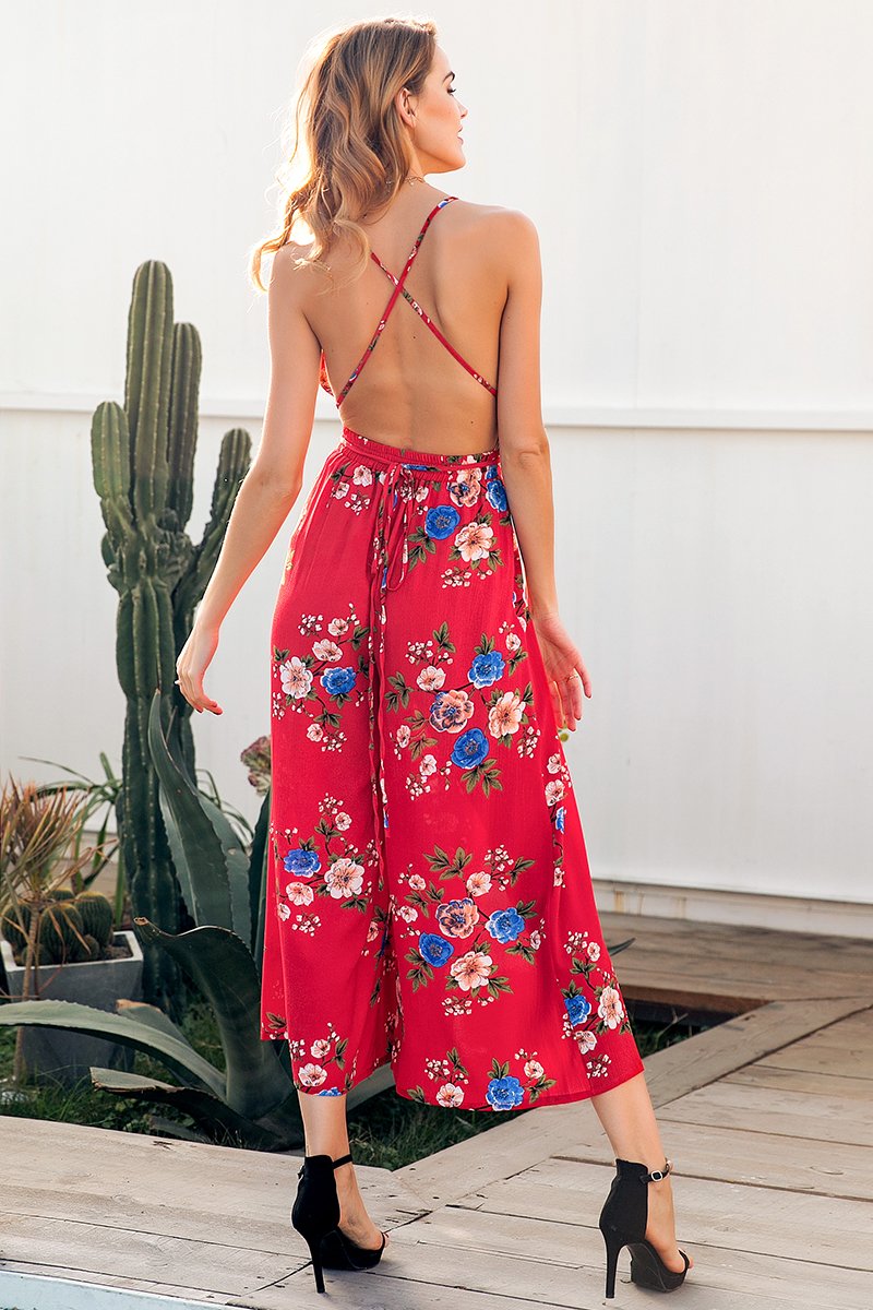 Desert Muse: V-Neck Backless Bohemian Jumpsuit