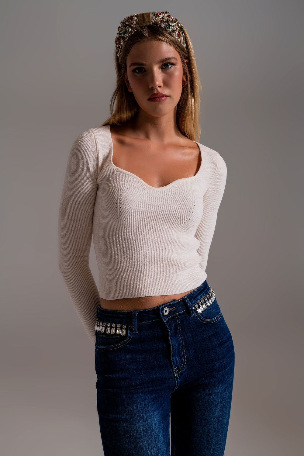 Sweetheart Neckline Chenille Sweater – Cream