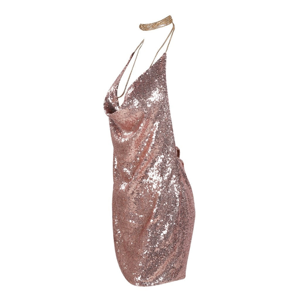 Starlit Allure: Halter Sequin Mini Party Dress