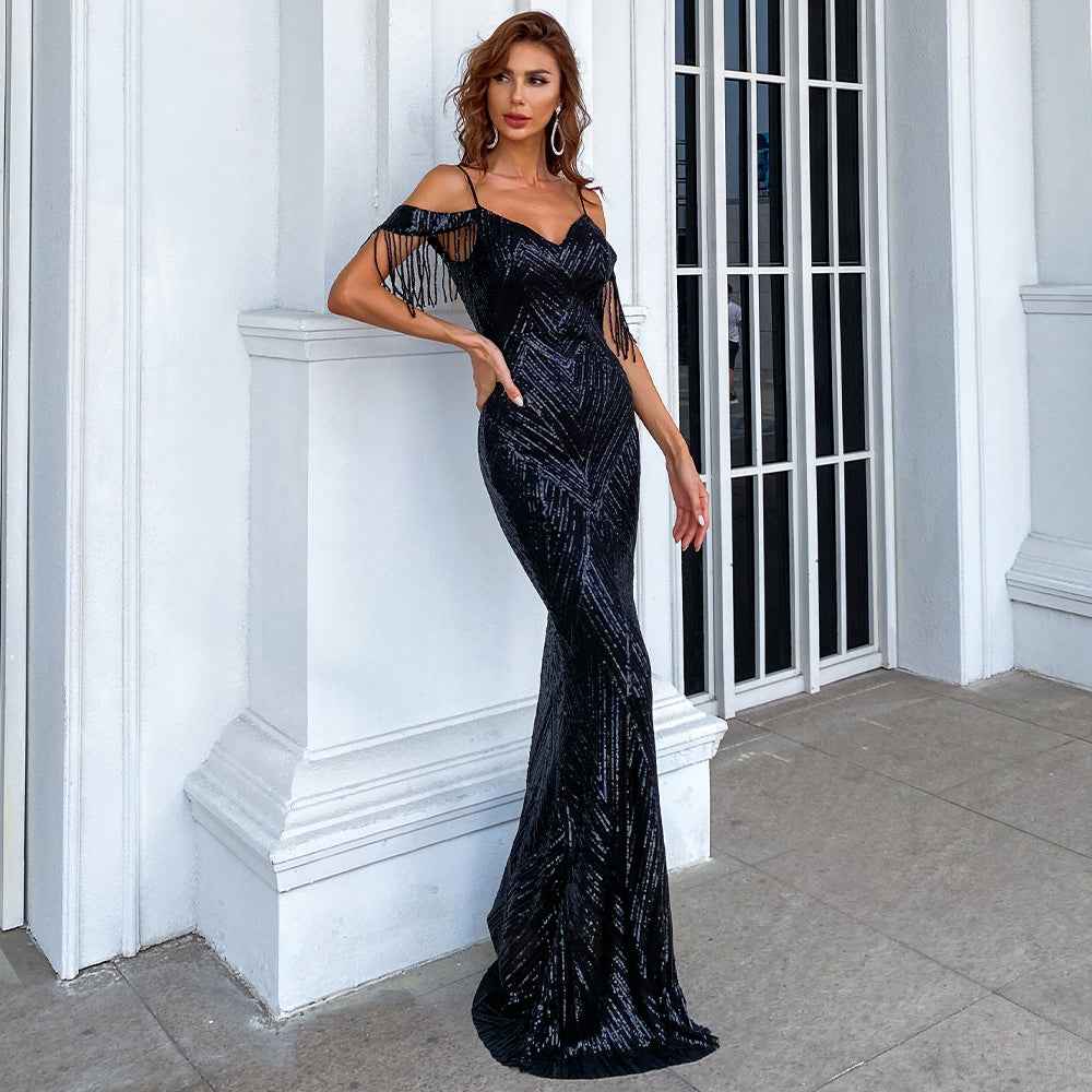 Farah Off Shoulder Fringe Tassel Gown