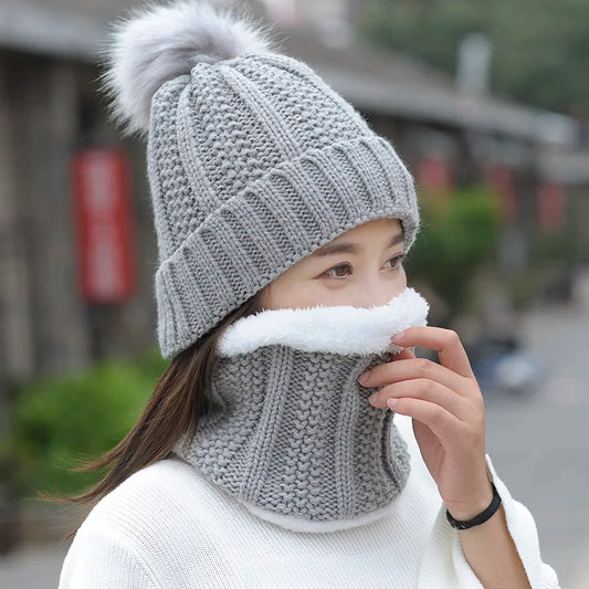 Autumn Winter Women's Hat Caps Knitted Wool Warm Scarf