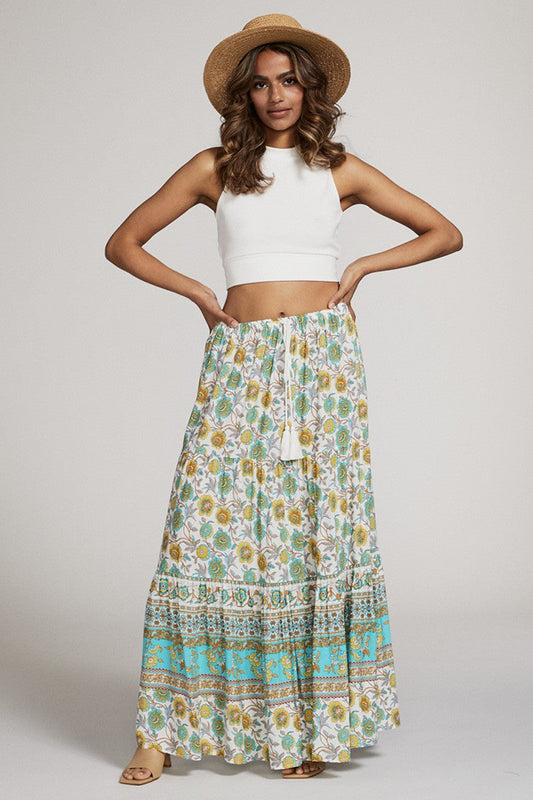 Boho Bloom Tassel-Tie Printed Maxi Skirt