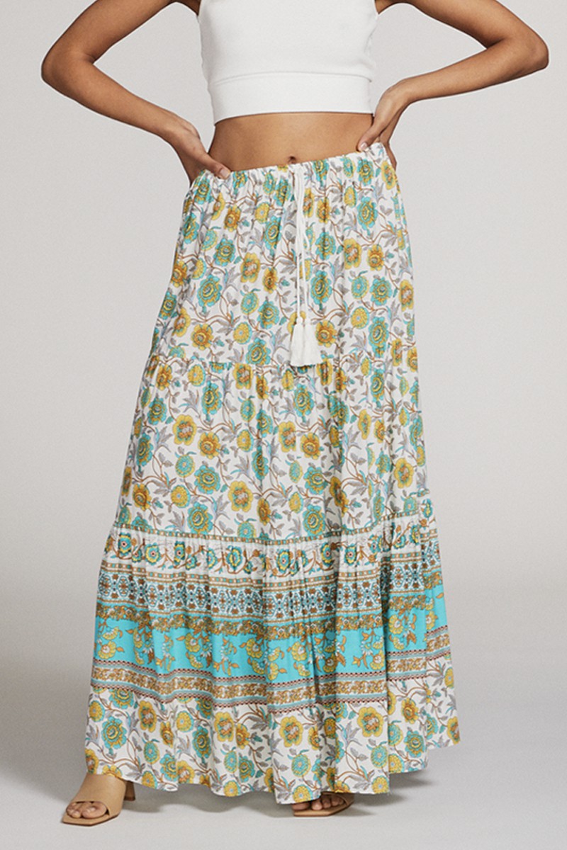 Boho Bloom Tassel-Tie Printed Maxi Skirt