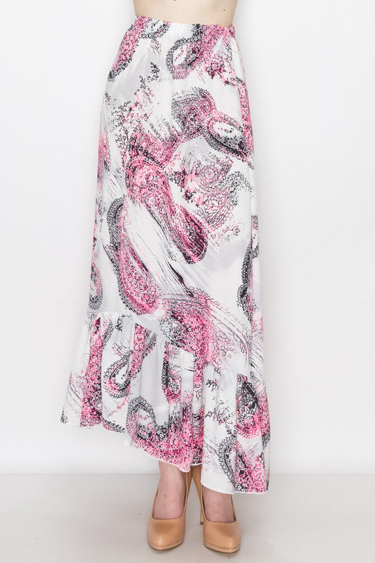 Saffron Bloom: Pink Paisley Flared Maxi Skirt