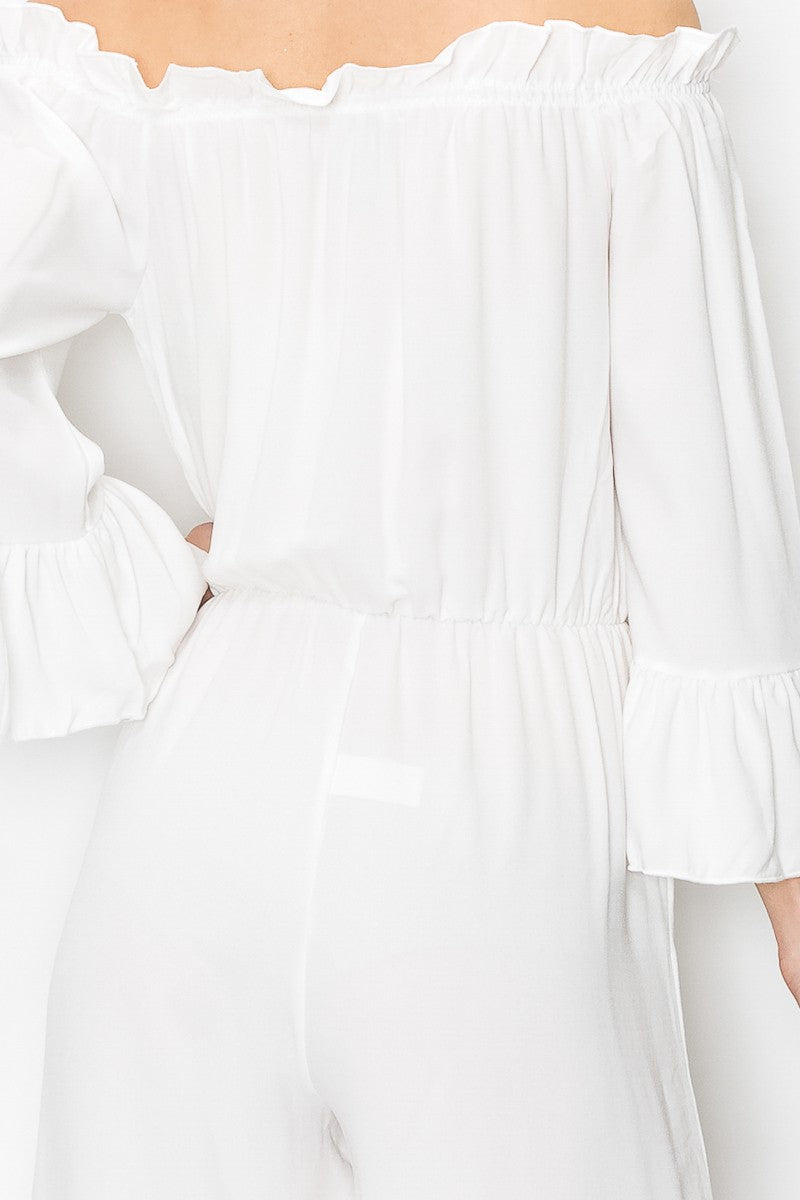 Serena Breeze: Off-Shoulder Ruffle Jumpsuit – White