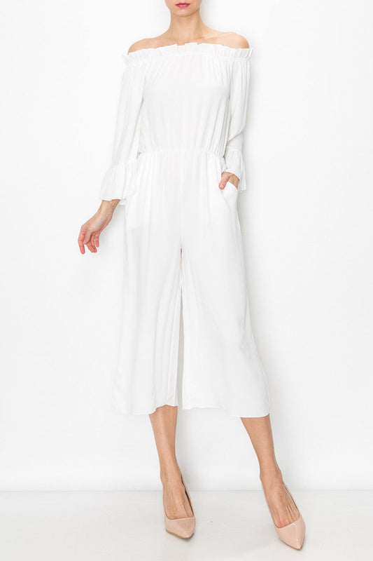 Serena Breeze: Off-Shoulder Ruffle Jumpsuit – White