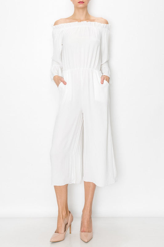 Serena Breeze: Off-Shoulder Ruffle Jumpsuit – White