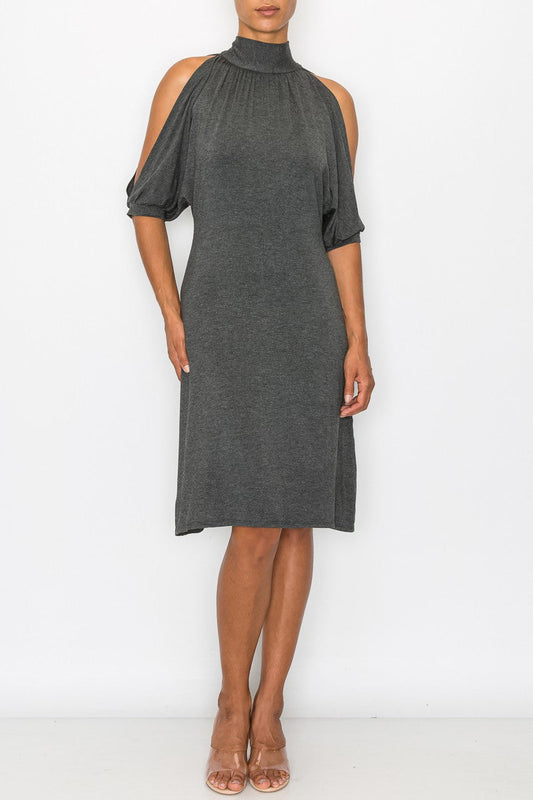 Grey Allure: Open Shoulder Tie-Back Midi Dress