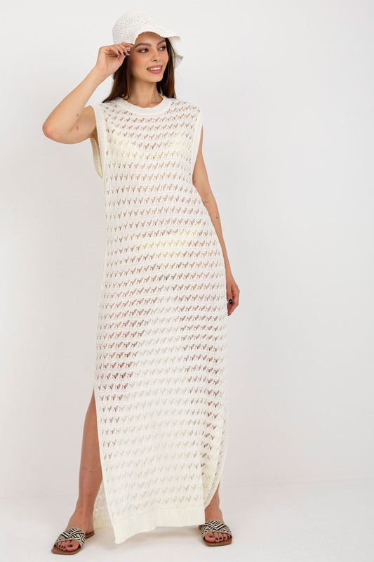 Sandswept Serenity: Beige Open-Knit Beach Maxi Dress