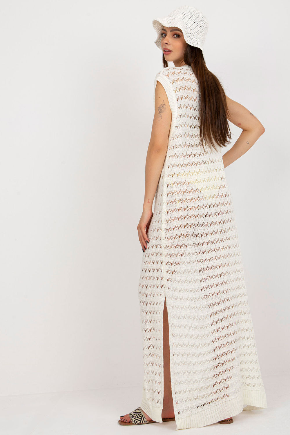 Sandswept Serenity: Beige Open-Knit Beach Maxi Dress