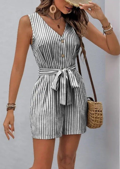 Coastal Lines: Sleeveless Striped Tie-Waist Romper