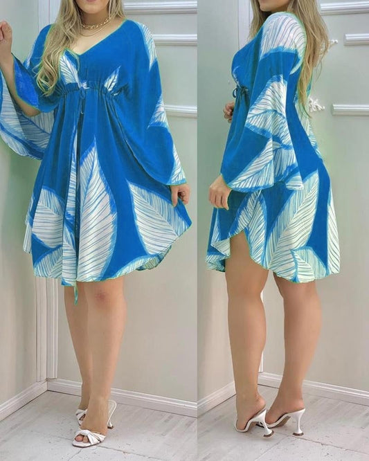 Leaf Print V-Neck Midi Dress