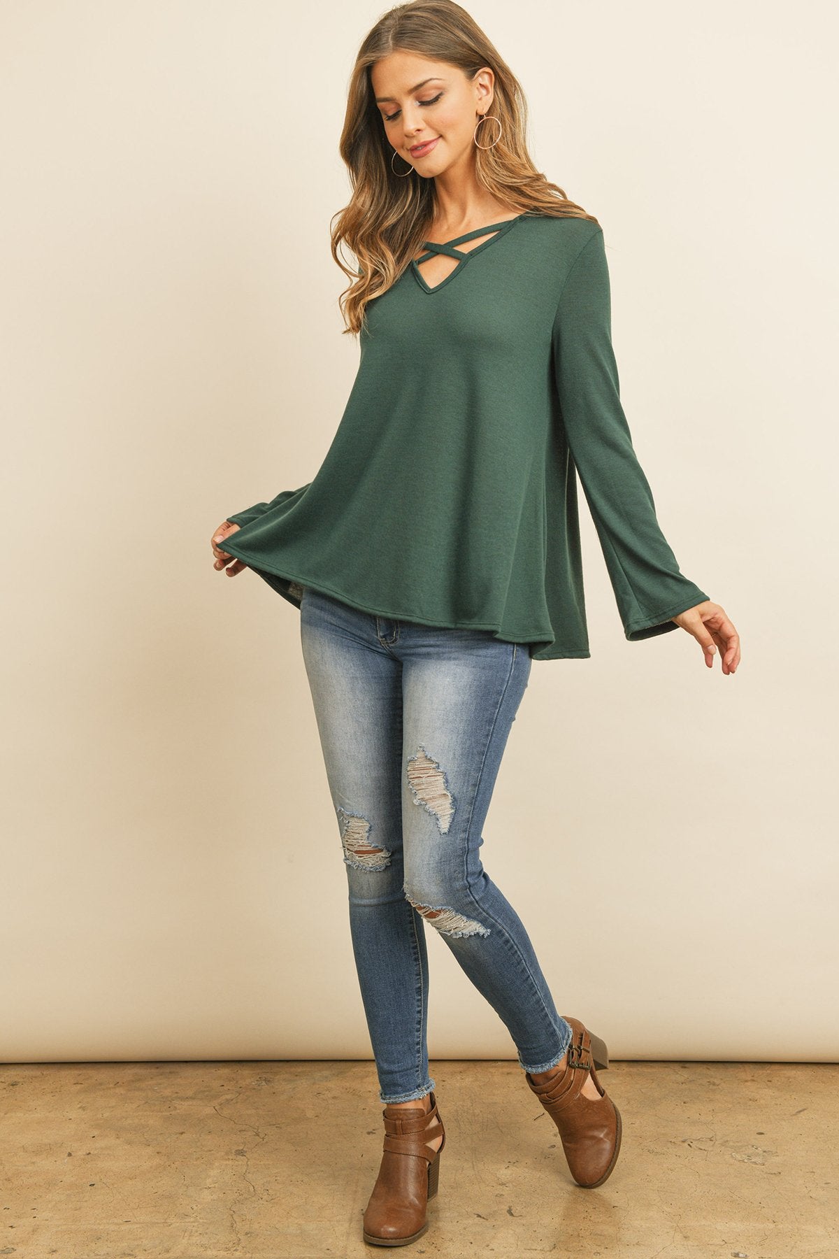 Criss Cross Neck Long Sleeve Hacci Top