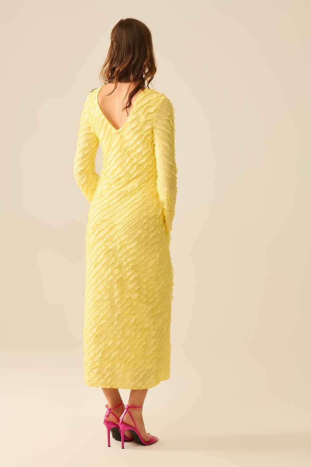 Butter Yellow Maxi Dress With Bias Mini Ruffle Design