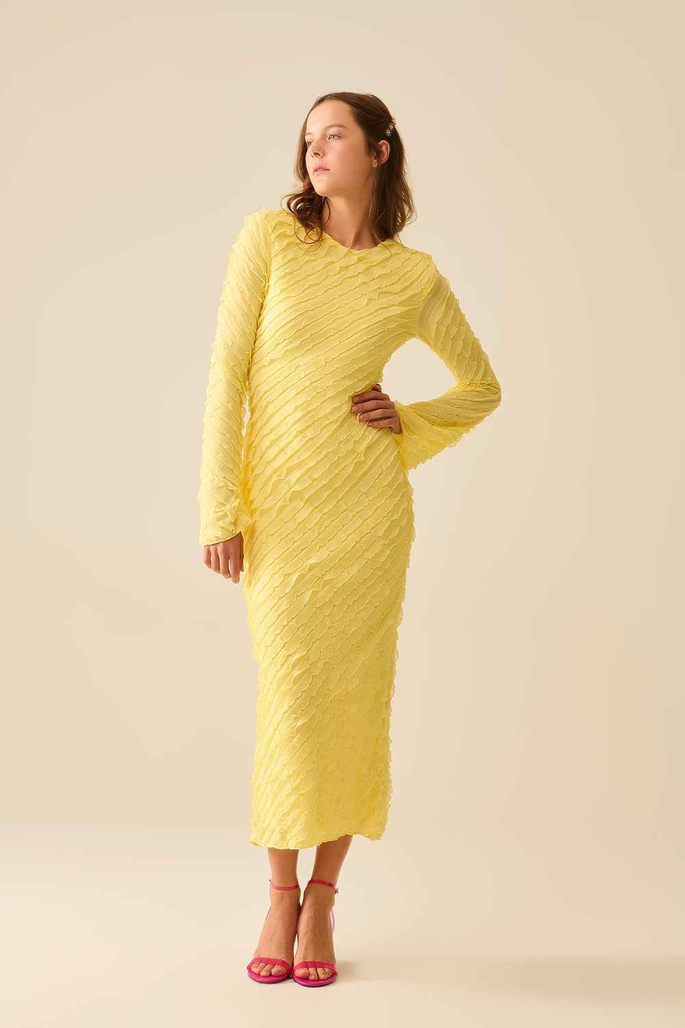Butter Yellow Maxi Dress With Bias Mini Ruffle Design