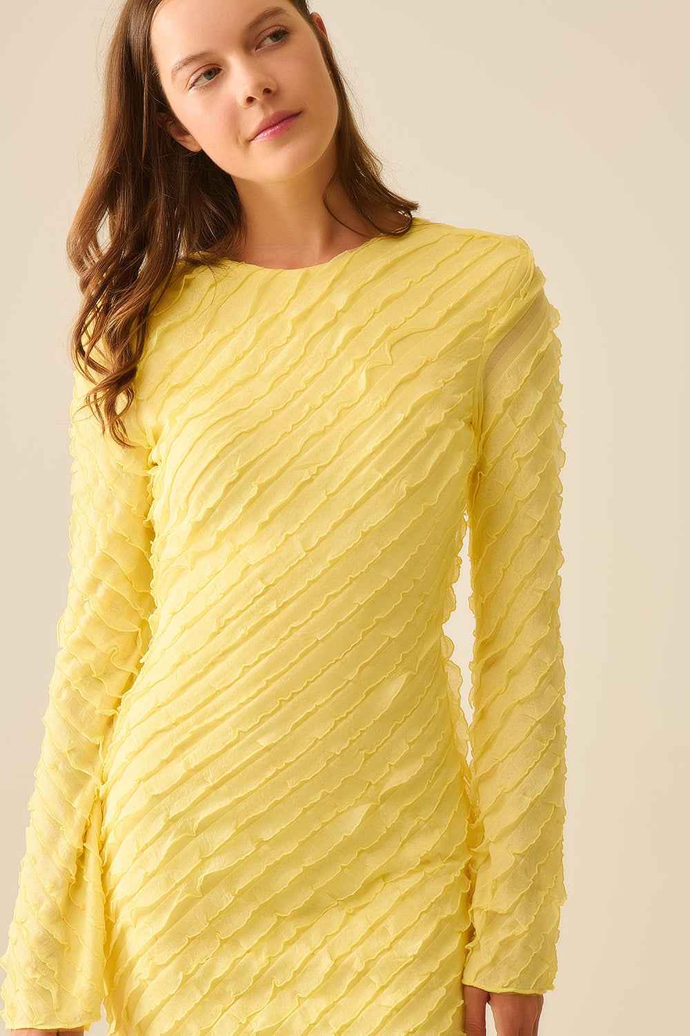 Butter Yellow Maxi Dress With Bias Mini Ruffle Design
