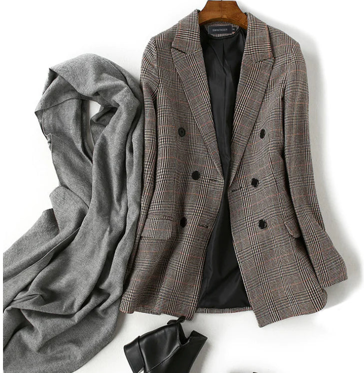 Double-Breasted Plaid Blazer — Structured Plaid Suit Jacket