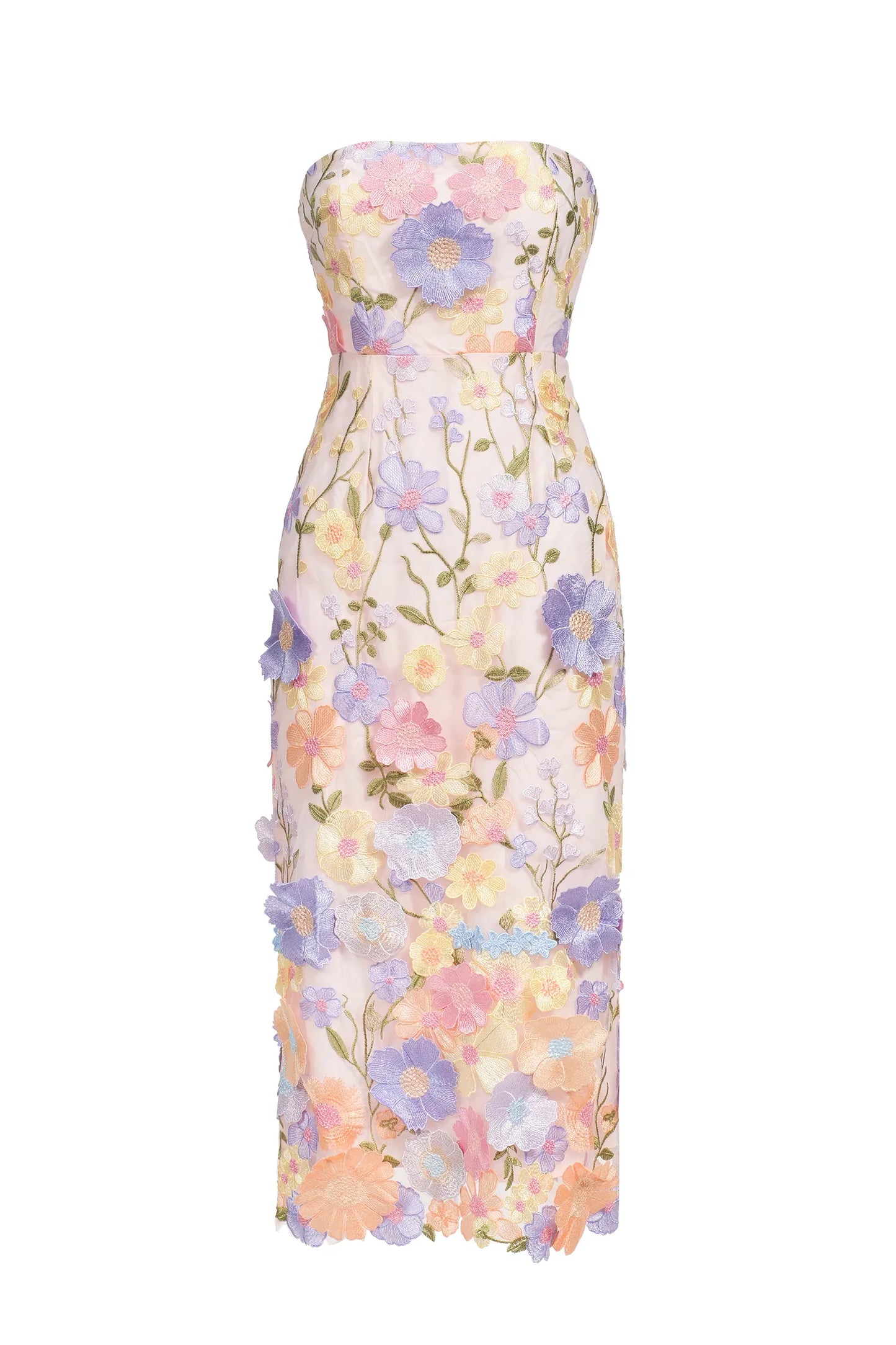 Strapless Floral Embroidery Midi Dress
