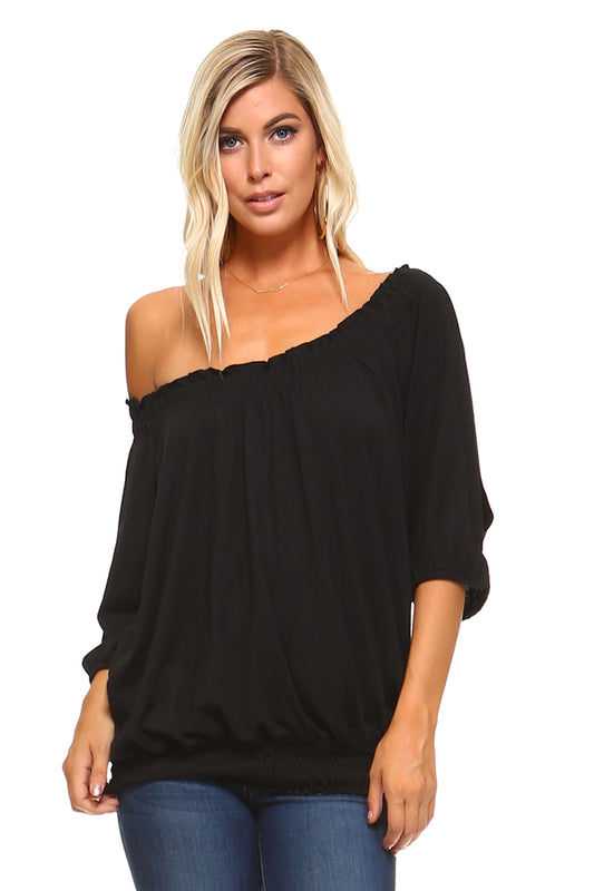Willow Breeze: 3/4 Sleeve Peasant Top with Elastic Neckline