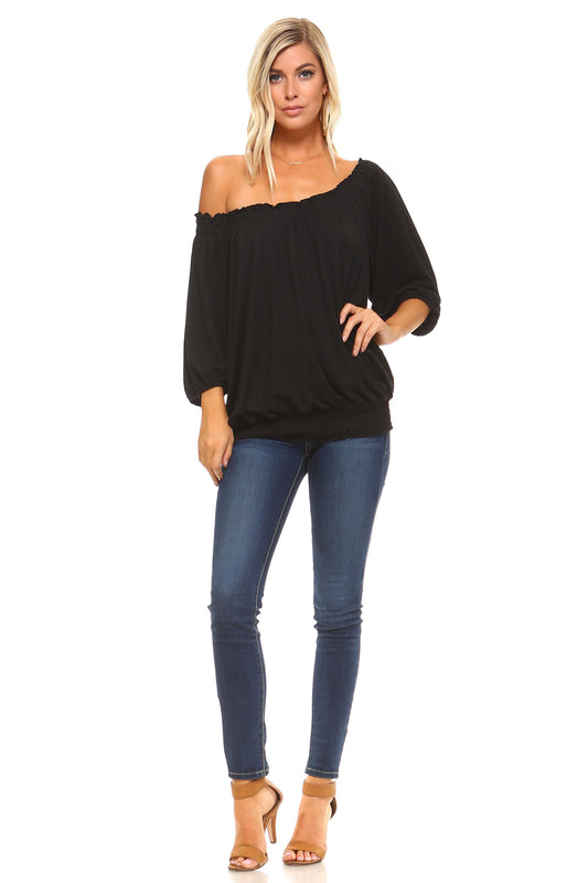 Willow Breeze: 3/4 Sleeve Peasant Top with Elastic Neckline