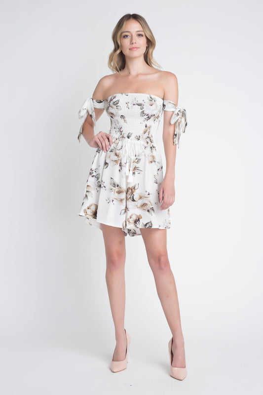 Garden Charm: Off-Shoulder Smocked Floral Tie Romper