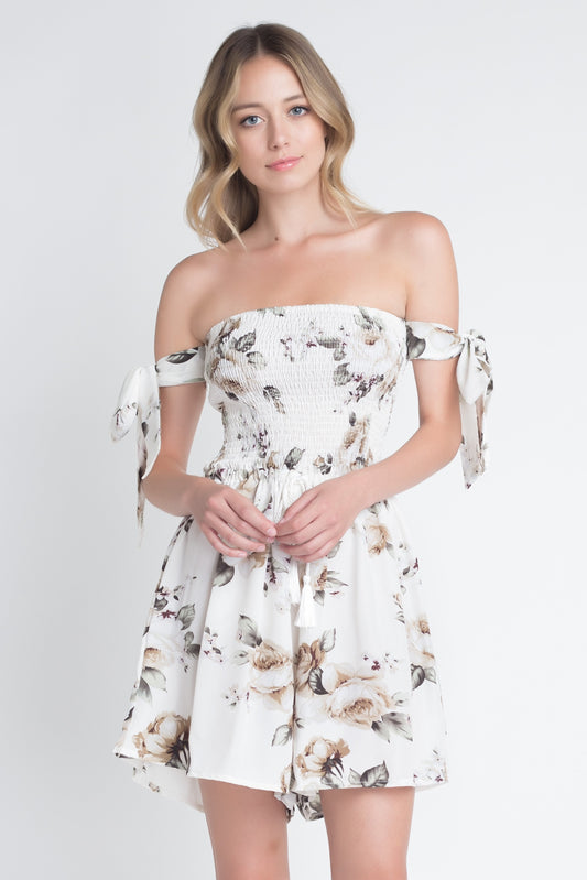 Garden Charm: Off-Shoulder Smocked Floral Tie Romper