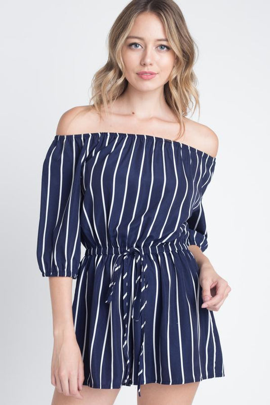 Coastal Chic: Off-Shoulder Striped Romper – Navy &amp; White