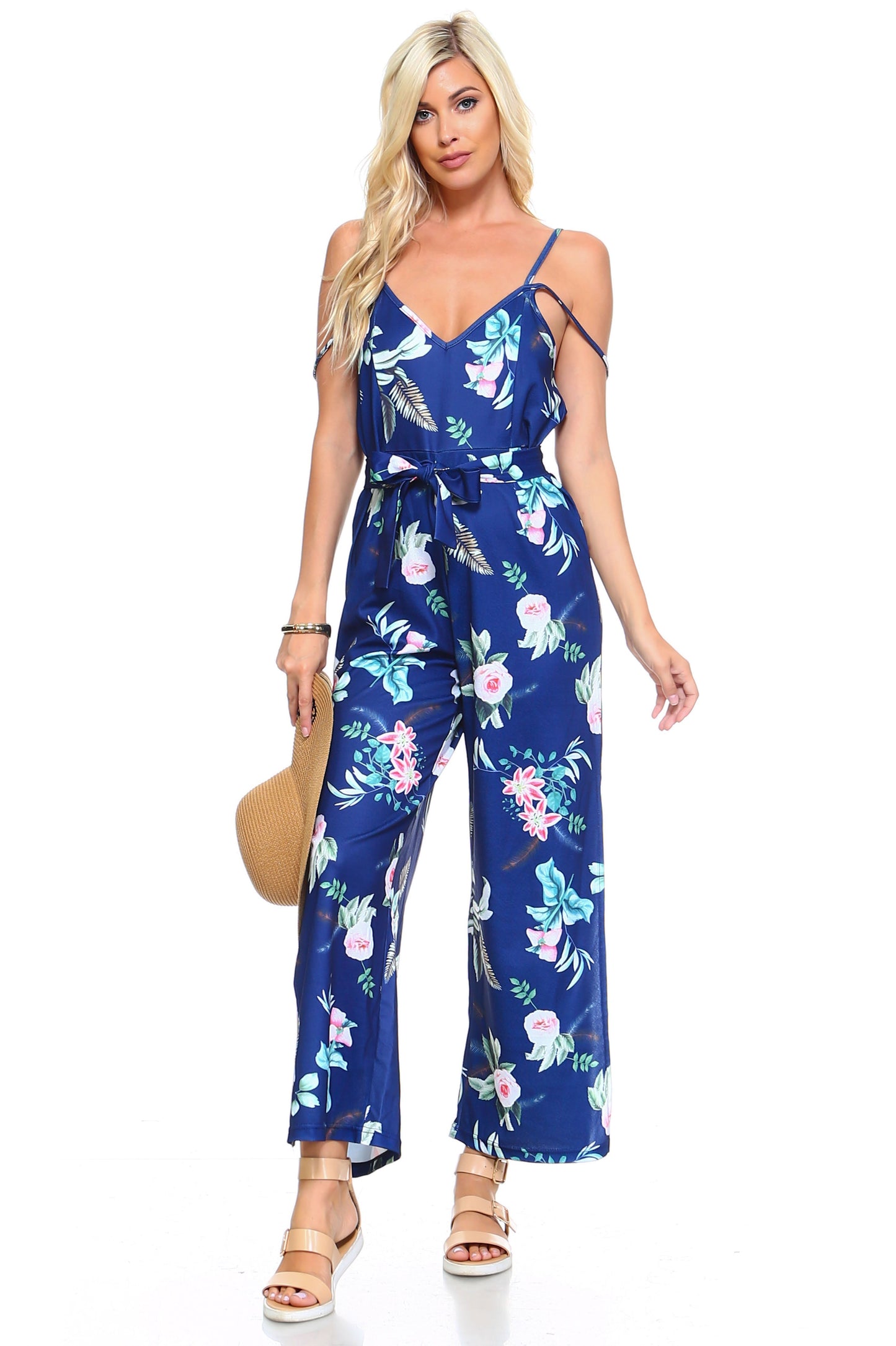 Garden Muse: Floral Tie-Front Tank Jumpsuit – Navy