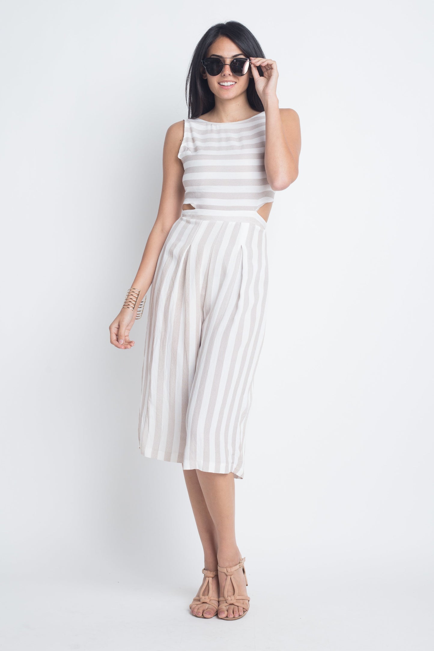 Riviera Bold: Sleeveless Stripe Cut-Out Jumpsuit