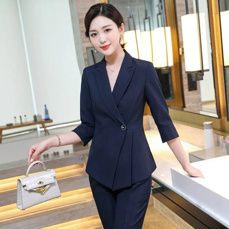Striped Half-Sleeve Business Suit for Corporate Authority | Sophisticata™