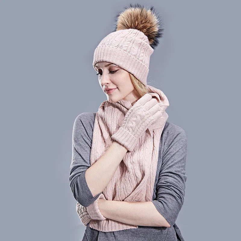 Real Fur Pompom Winter Knitted Hats for Women Hat Scarf Glove Set