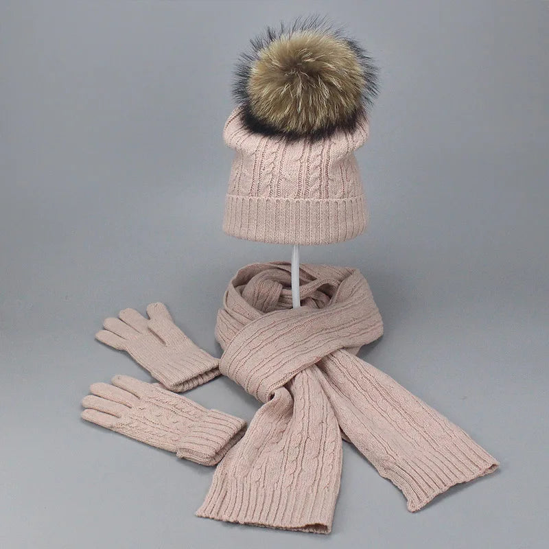 Real Fur Pompom Winter Knitted Hats for Women Hat Scarf Glove Set