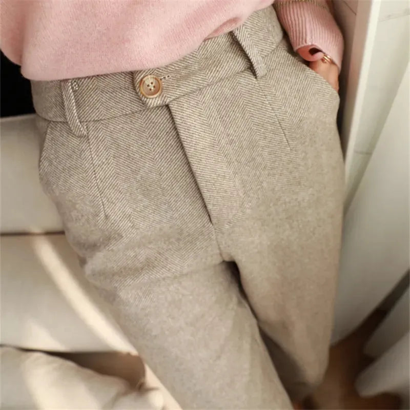 Pantalones de Lana para Mujer, Tipo Harem, de Lápiz, de Cintura Alta, Casuales, Tipo Traje