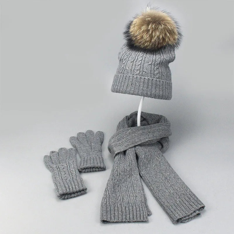 Real Fur Pompom Winter Knitted Hats for Women Hat Scarf Glove Set