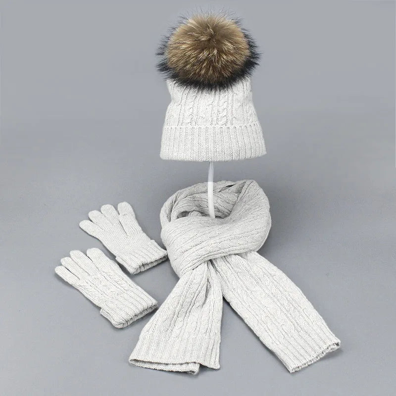 Real Fur Pompom Winter Knitted Hats for Women Hat Scarf Glove Set