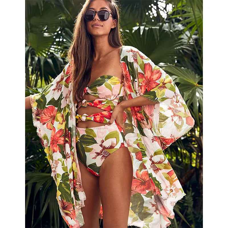 Printed Bikini Set with Wrap Skirt Sarong